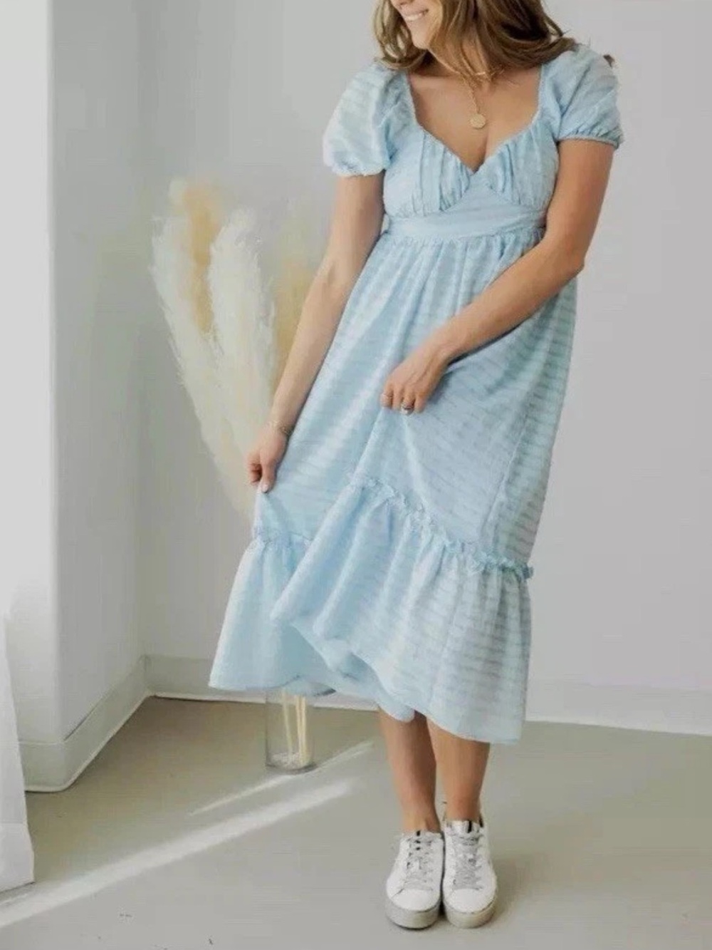 By the River Sky Blue Puff-Sleeve Midi Dress with Ruffle Hemp size s
